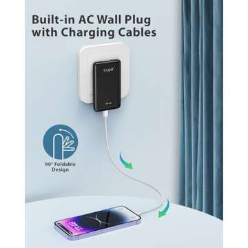 TG90° Power Bank Portable Phone Charger, 5000mAh Small Battery Pack with Built-in Foldable AC Wall Plug and Cables, Ultra Mini Battery Charger Compatible with iPhone16/15 Series and Android Devices