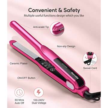 Terviiix Small Flat Irons for Short Hair, Pencil Hair Straightener for Edges, Straightening Iron for Pixie Cut & Touch Ups, Ceramic Curling Iron in One, Dual Voltage, 1/2"