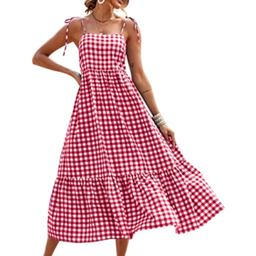 PRETTYGARDEN Summer Dress for Women Plaid Spaghetti Strap Square Neck Tiered Ruffle Flowy Maxi Dresses(Red,Small)