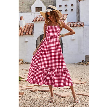 PRETTYGARDEN Summer Dress for Women Plaid Spaghetti Strap Square Neck Tiered Ruffle Flowy Maxi Dresses(Red,Small)