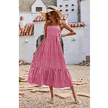 PRETTYGARDEN Summer Dress for Women Plaid Spaghetti Strap Square Neck Tiered Ruffle Flowy Maxi Dresses(Red,Small)