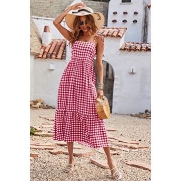 PRETTYGARDEN Summer Dress for Women Plaid Spaghetti Strap Square Neck Tiered Ruffle Flowy Maxi Dresses(Red,Small)