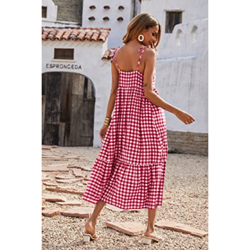 PRETTYGARDEN Summer Dress for Women Plaid Spaghetti Strap Square Neck Tiered Ruffle Flowy Maxi Dresses(Red,Small)