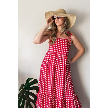 PRETTYGARDEN Summer Dress for Women Plaid Spaghetti Strap Square Neck Tiered Ruffle Flowy Maxi Dresses(Red,Small)