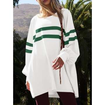 Fisoew Womens Oversized Sweatshirt Long Sleeve Crew Neck Casual Striped Pullover Sweatshirt Dress Wh...
