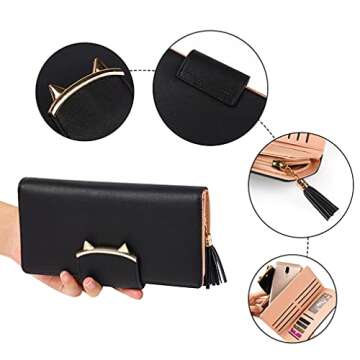 HeySun Wallet Women Cute Bifold Clutch Wallets with Zipper Coin Purse Card Holder Money Clip Gifts for Cat Lovers Black
