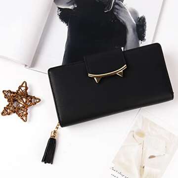 HeySun Wallet Women Cute Bifold Clutch Wallets with Zipper Coin Purse Card Holder Money Clip Gifts for Cat Lovers Black