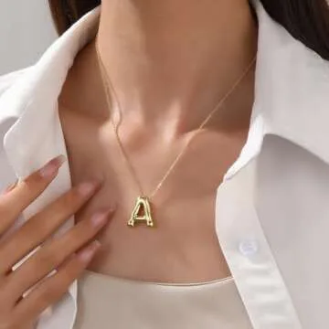 Rhinelife Letter Necklace Bubble Initial Pendant Necklaces for Women Cute Alphabet 14K Gold Plated D...