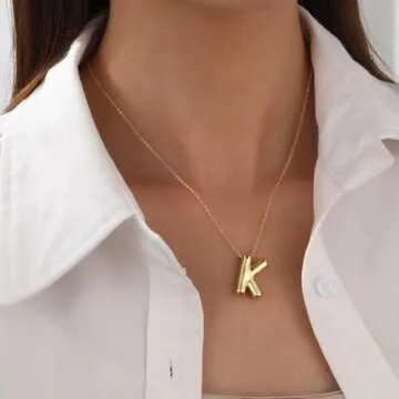 Rhinelife Letter Necklace Bubble Initial Pendant Necklaces for Women Cute Alphabet 14K Gold Plated Design Balloon Puffy Name Personalized Teen Jewelry (A)