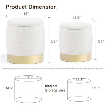 Halitaa S/2 Round Ottoman Storage with Small Flip-Top Coffee Table, Modern Upholstered Stool for Living Room/Bedroom/End of Bed/Entryway/Bed Side/Dressing Table, White 16.5''H