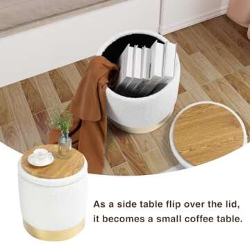 Halitaa S/2 Round Ottoman Storage with Small Flip-Top Coffee Table, Modern Upholstered Stool for Living Room/Bedroom/End of Bed/Entryway/Bed Side/Dressing Table, White 16.5''H