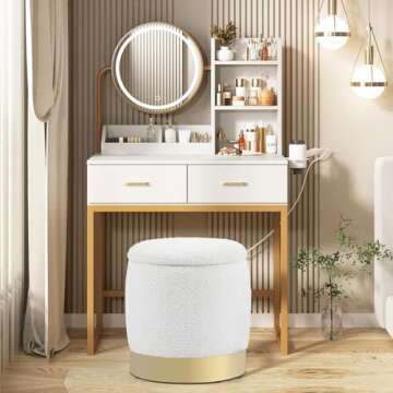 Halitaa S/2 Round Ottoman Storage with Small Flip-Top Coffee Table, Modern Upholstered Stool for Living Room/Bedroom/End of Bed/Entryway/Bed Side/Dressing Table, White 16.5''H