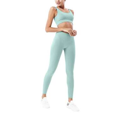 HAODIAN Women's Ribbed Workout Sets Soft Seamless Yoga Outfits 2 Piece (Mint,L)