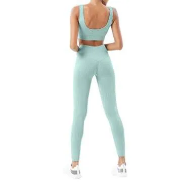 HAODIAN Women's Ribbed Workout Sets Soft Seamless Yoga Outfits 2 Piece (Mint,L)