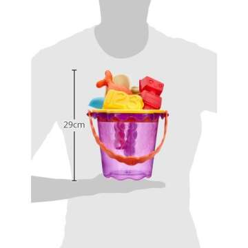 B. toys – B. Ready Beach Bag –Water Play- Beach Tote with Mesh Panel and 11 Funky Sand Toys – 18 m+, Purple Bucket