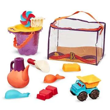 B. toys – B. Ready Beach Bag –Water Play- Beach Tote with Mesh Panel and 11 Funky Sand Toys – 18 m+, Purple Bucket