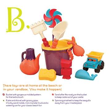 B. toys – B. Ready Beach Bag –Water Play- Beach Tote with Mesh Panel and 11 Funky Sand Toys – 18 m+, Purple Bucket