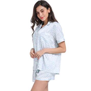 Serenedelicacy Women's Satin Pajama Set 2-Piece Sleepwear Loungewear Button Down Short Sleeve Silky PJ Set (X-Small, Light Blue, Leopard)