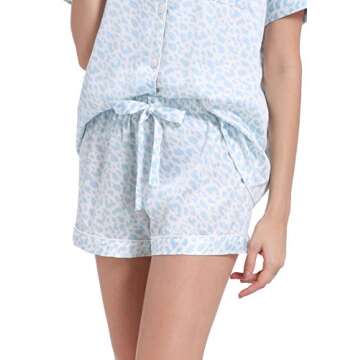 Serenedelicacy Women's Satin Pajama Set 2-Piece Sleepwear Loungewear Button Down Short Sleeve Silky PJ Set (X-Small, Light Blue, Leopard)