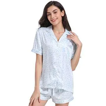 Serenedelicacy Women's Satin Pajama Set 2-Piece Sleepwear Loungewear Button Down Short Sleeve Silky PJ Set (X-Small, Light Blue, Leopard)