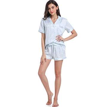 Serenedelicacy Women's Satin Pajama Set 2-Piece Sleepwear Loungewear Button Down Short Sleeve Silky PJ Set (X-Small, Light Blue, Leopard)