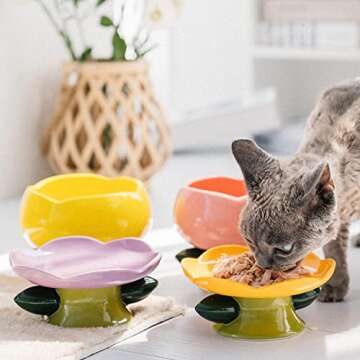 PIPIPET Raised Cat Bowls Handmade, Ceramic Cat Bowls, Flower Ceramic Raised Cat Bowls, Elevated Cat Food Bowls for Protecting Spine, Sturdy and Anti-Fall -Orange