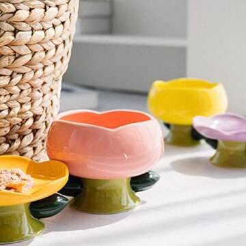 PIPIPET Raised Cat Bowls Handmade, Ceramic Cat Bowls, Flower Ceramic Raised Cat Bowls, Elevated Cat Food Bowls for Protecting Spine, Sturdy and Anti-Fall -Orange