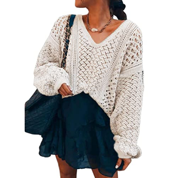 CCTOO Women's Sweaters Casual Oversized V Neck Off Shoulder Sexy Crochet Sweater Batwing Sleeve Pull...