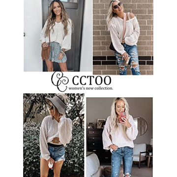CCTOO Women's Sweaters Casual Oversized V Neck Off Shoulder Sexy Crochet Sweater Batwing Sleeve Pullover Loose Tops Beige Large
