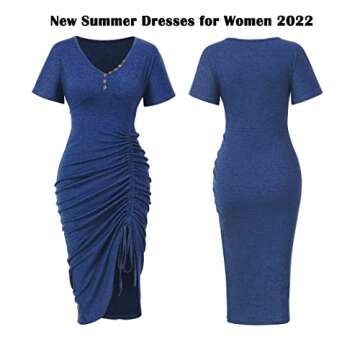 TOPMELON Ruched Tshirt Dress Summer Dresses for Women Work Casual with Sleeves Drawstring Dress Irregular Hem Split Sexy Dresses for Curvy Navy Blue Large