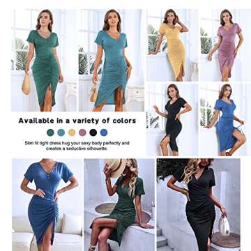 TOPMELON Ruched Tshirt Dress Summer Dresses for Women Work Casual with Sleeves Drawstring Dress Irregular Hem Split Sexy Dresses for Curvy Navy Blue Large