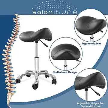 Saloniture Professional Ergonomic Saddle Stool, Black - Adjustable Hydraulic Seat, Rolling Spa Salon, Massage, and Medical Office Chair with Swivel Wheels