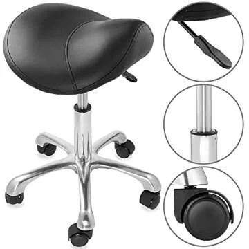 Saloniture Professional Ergonomic Saddle Stool, Black - Adjustable Hydraulic Seat, Rolling Spa Salon, Massage, and Medical Office Chair with Swivel Wheels