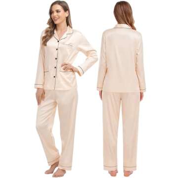 SWOMOG Couples Matching Pajamas Set Women & Men Satin Long Sleeve Sleepwear Soft Button Down Pj Set Silk Loungewear Men Champagne Medium