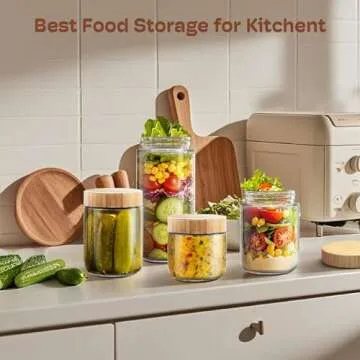 4 Pack 10oz Overnight Oats Containers with Bamboo Lids, Glass Jars with Airtight Lids for Meal Prep, Wide Mouth Mason Salad Jars, Glass Food Storage Container for Yogurt Chia Snacks Spice Sugar