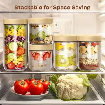 4 Pack 10oz Overnight Oats Containers with Bamboo Lids, Glass Jars with Airtight Lids for Meal Prep, Wide Mouth Mason Salad Jars, Glass Food Storage Container for Yogurt Chia Snacks Spice Sugar