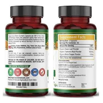 Neem Turmeric Capsule (150 Veg) - Whole Green Superfood for Natural Immunity and Skin Health