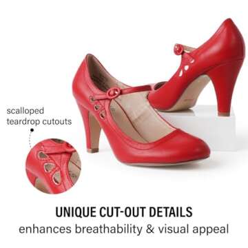 J. Adams Pixie Mary Jane Shoes Women Oxford Pumps - Cute Low Kitten High Heels - Retro Vintage Shoes for Women 1950s Mary Janes Round Toe Shoe with Ankle Strap - Women Dress Shoes