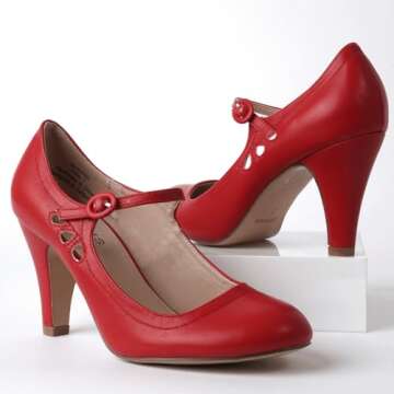 J. Adams Pixie Mary Jane Shoes Women Oxford Pumps - Cute Low Kitten High Heels - Retro Vintage Shoes for Women 1950s Mary Janes Round Toe Shoe with Ankle Strap - Women Dress Shoes
