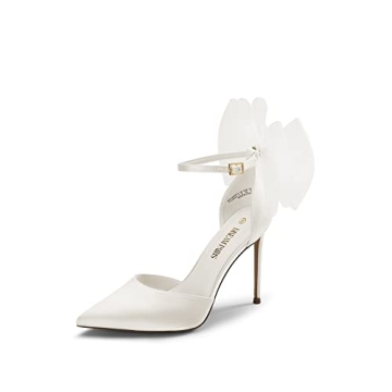 DREAM PAIRS Women's Elegant Stiletto Pumps with Adjustable Bows - Size 8.5 White