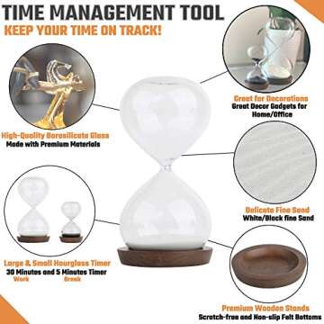 Sand Hourglass Timer Hour Glass– with Balls Desk Toy Sculpture – 30 min and 5 Minute Sand Clock for Office, Home, Desk Decor (Black and White)