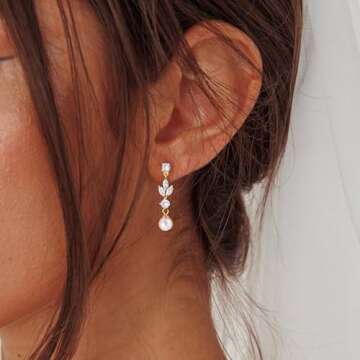 SELSHE Dangle Earrings for Women, Dainty 14k Gold Plated Formal Pearl Wedding Earrings Cute Long Gol...