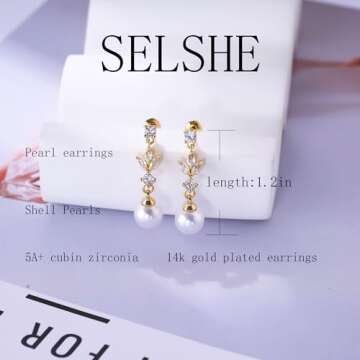 SELSHE Dangle Earrings for Women, Dainty 14k Gold Plated Formal Pearl Wedding Earrings Cute Long Gold Earrings for Women Trendy Hypoallergenic Pearl Drop Prom Jewelry Womens
