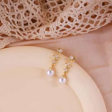 SELSHE Dangle Earrings for Women, Dainty 14k Gold Plated Formal Pearl Wedding Earrings Cute Long Gold Earrings for Women Trendy Hypoallergenic Pearl Drop Prom Jewelry Womens