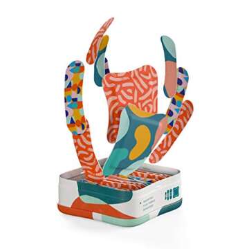 Welly Bandages | Adhesive Flexible Fabric Bravery Badges | Assorted Shapes for Minor Cuts, Scrapes, and Wounds | Colorful and Fun First Aid Tin | Block Geo Patterns - 48 Count