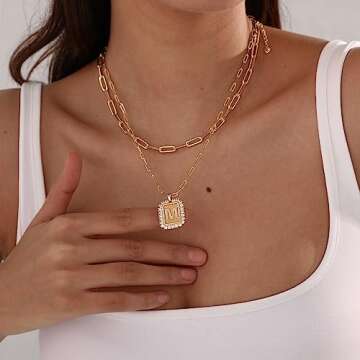 Tasiso Initial Necklaces for Women, Layered Gold Letter Necklace 14k Gold Plated Personalized A-Z Diamond Initial Pendant Necklace Monogram Cute Name Choker Necklaces Shine Jewelry