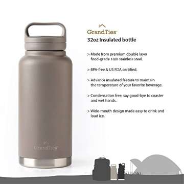 GRANDTIES 2 Lids Sports Stainless Steel Water Bottles – Wide Mouth Vacuum Insulated Reusable Leak ...