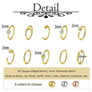 AllerPierce 20G 40Pcs Gold Nose Rings 316L Stainless Steel Nose Studs L Shape CZ Nose Ring Hoop Hypoallergenic Nostril Nose Piercing Jewelry for Women Men - 2