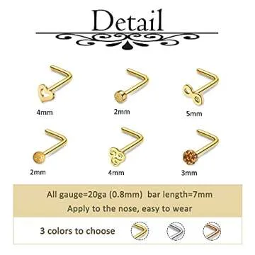 AllerPierce 20G 40Pcs Gold Nose Rings 316L Stainless Steel Nose Studs L Shape CZ Nose Ring Hoop Hypoallergenic Nostril Nose Piercing Jewelry for Women Men - 2
