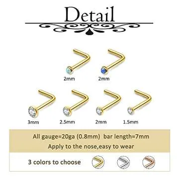 AllerPierce 20G 40Pcs Gold Nose Rings 316L Stainless Steel Nose Studs L Shape CZ Nose Ring Hoop Hypoallergenic Nostril Nose Piercing Jewelry for Women Men - 2